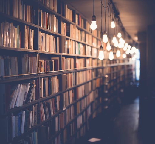 Warm library shelves lined with books under hanging lights